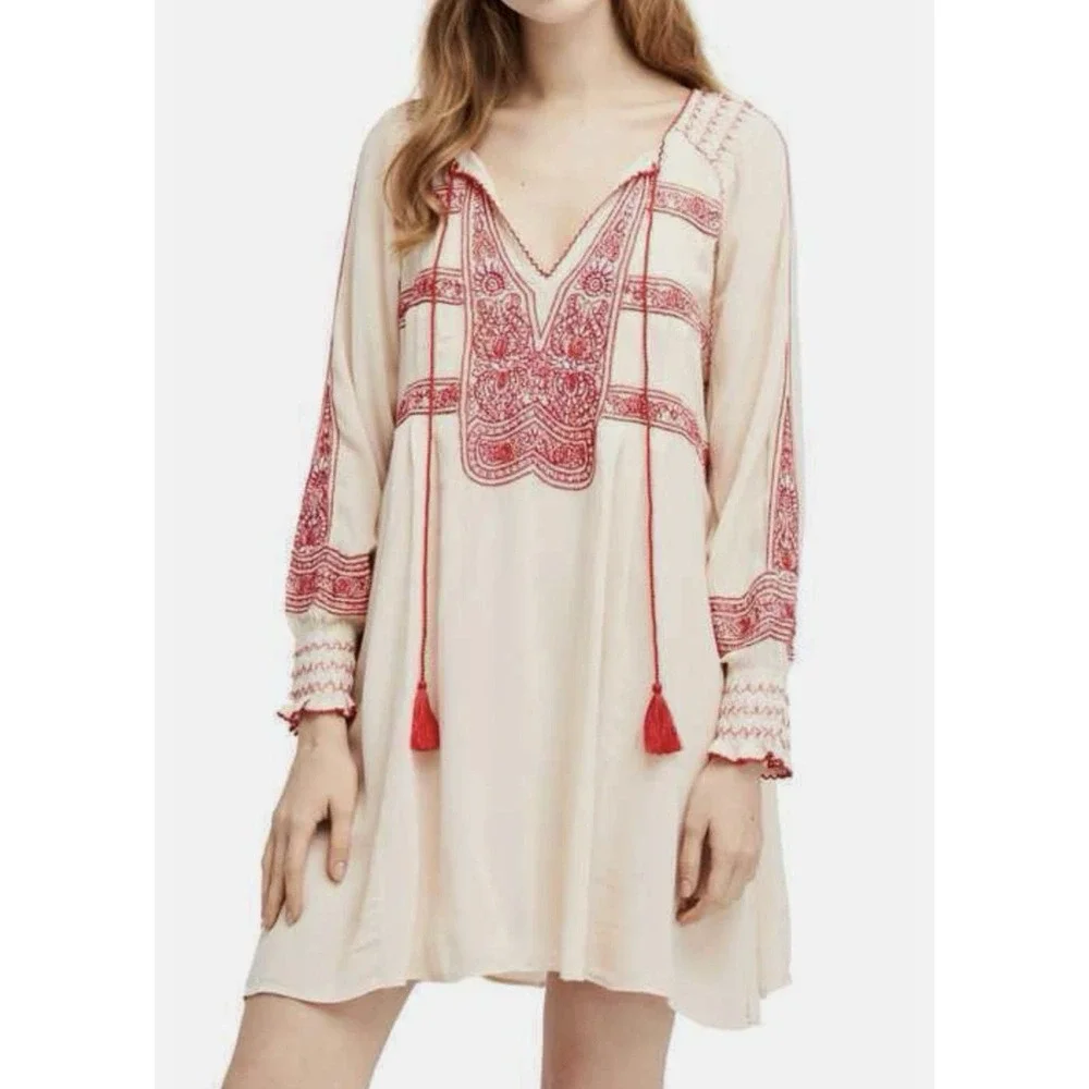 Free People Women's Wind Willow Dress XS Beige Red Boho Embroidered Hippie Shift